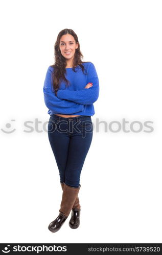 Beautiful young casual woman posing isolated over white