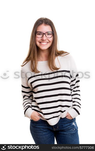 Beautiful young casual woman posing isolated over white