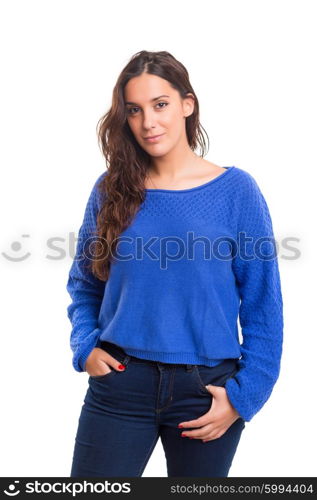 Beautiful young casual woman posing isolated over white