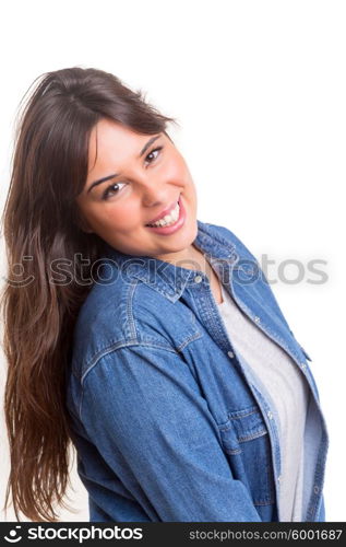 Beautiful young casual woman posing isolated over white