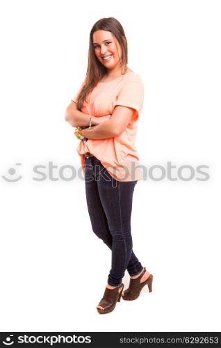 Beautiful young casual woman posing isolated over white