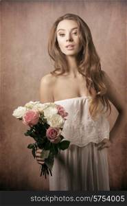 Beautiful, young, charming, gorgeous girl with curly hairstyle and bouquet of roses. She wears white etno dress.