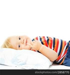 Beautiful young child waking up in the morning. Isolated on white background