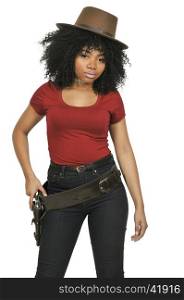 Beautiful young country girl African American black woman wearing a cowboy hat and revolver