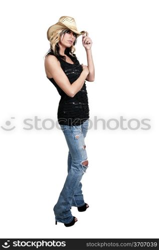Beautiful young country girl woman wearing a stylish cowboy hat