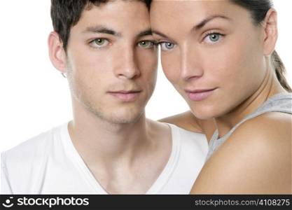 Beautiful young couple closeup portrait, two faces over white
