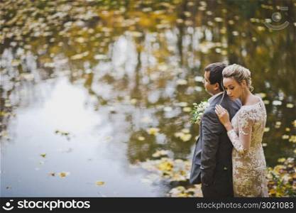 Beautiful young couple on background of autumn leaves entered the pond.. Newlyweds on the Bank of the autumn pond 8.