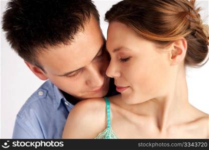 Beautiful young couple tender love portrait