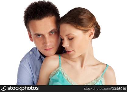 Beautiful young couple tender love portrait isolated on white background
