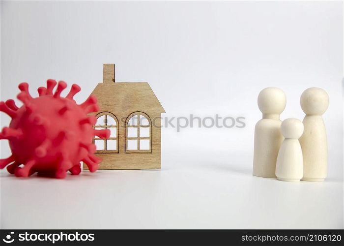 Beautiful young couple with child standing next to there house with bacteria COVID-19 , happy and healthy family safety at home coronavirus pandemic concept copy space white background space for text. Beautiful young couple with child standing next to there house with bacteria COVID-19 , happy and healthy family safety at home coronavirus pandemic concept copy space white background