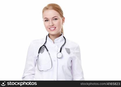 Beautiful young doctor with a white background