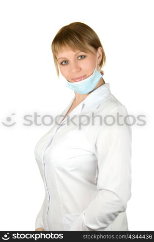 Beautiful young doctor with mask isolated on white background