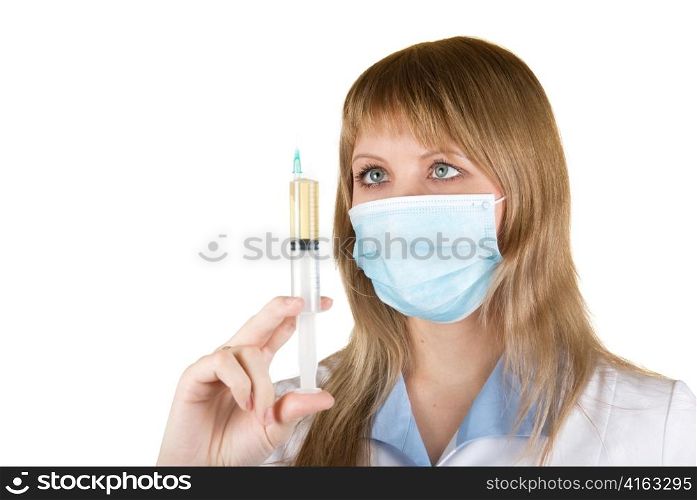 Beautiful young doctor with syringe isolated on white background