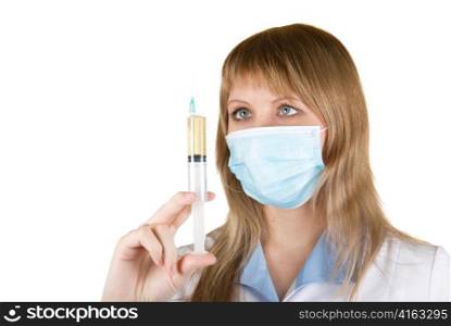 Beautiful young doctor with syringe isolated on white background