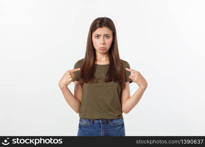 Beautiful young elegant woman over isolated background pointing hand and fingers with sad expression. Beautiful young elegant woman over isolated background pointing hand and fingers with sad expression.