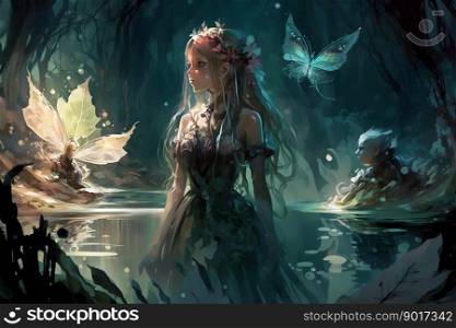 Beautiful young fairytale nymph girl in natural dress in sacred river with water lilies and trees. Fairytale story about ophelia. Neural network AI generated art. Beautiful young fairytale nymph girl in natural dress in sacred river with water lilies and trees. Neural network generated art