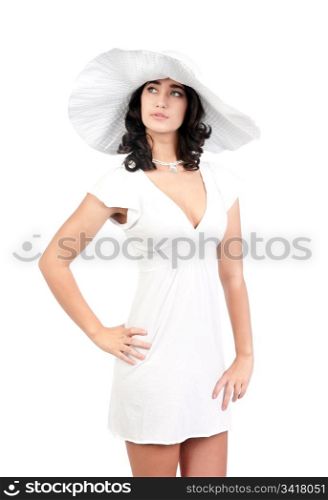 beautiful young fashion woman in white dress and hat