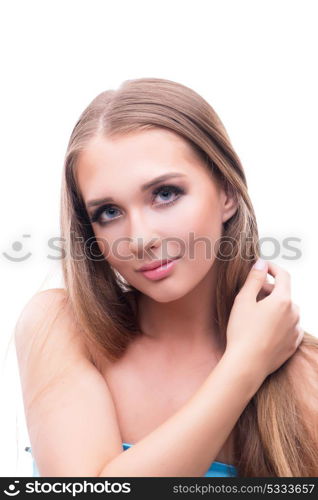 Beautiful young female model with make up posing isolated on whi. Beautiful young female model with make up posing isolated on white background