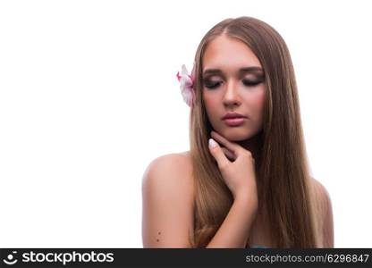 Beautiful young female model with make up posing isolated on whi. Beautiful young female model with make up posing isolated on white background