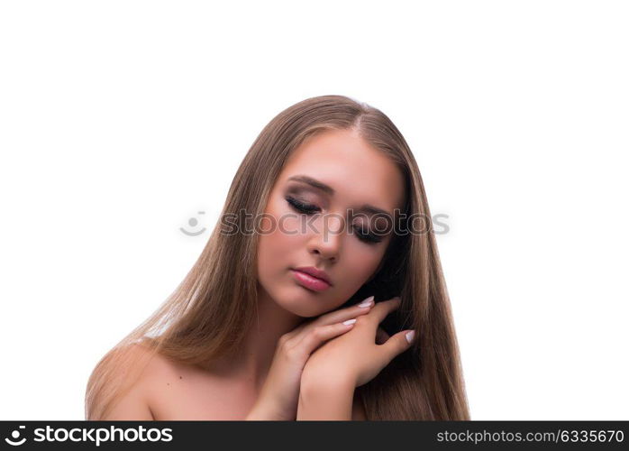 Beautiful young female model with make up posing isolated on whi. Beautiful young female model with make up posing isolated on white background