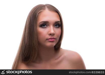 Beautiful young female model with make up posing isolated on whi. Beautiful young female model with make up posing isolated on white background