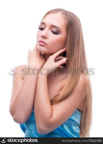 Beautiful young female model with make up posing isolated on white background. Beautiful young female model with make up posing isolated on whi