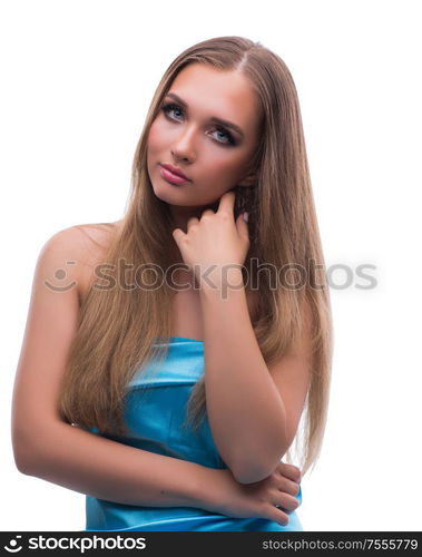 Beautiful young female model with make up posing isolated on white background. Beautiful young female model with make up posing isolated on whi