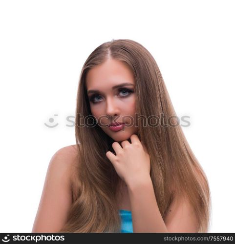 Beautiful young female model with make up posing isolated on white background. Beautiful young female model with make up posing isolated on whi