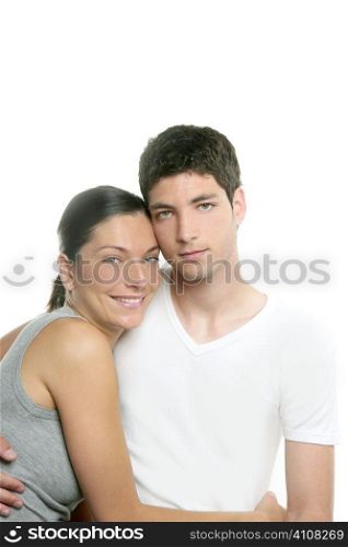 Beautiful young fresh modern couple hug over white background