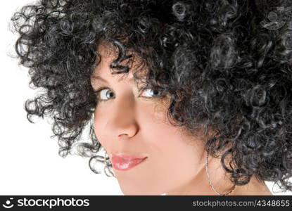 Beautiful young frizzy woman isolated over white background