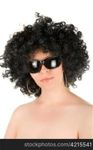 Beautiful young frizzy woman with sunglasses isolated over white background