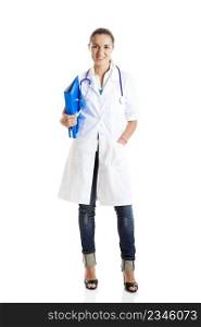 Beautiful young future nurse with stethoscope isolated on white background