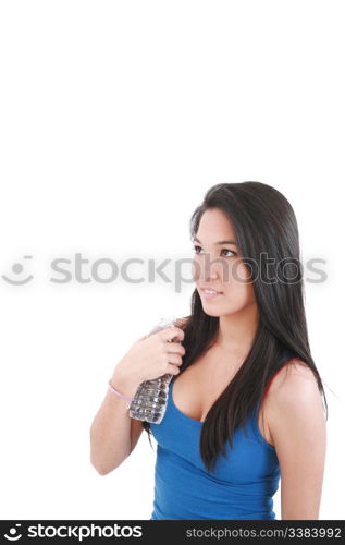 beautiful young girl drinking water after exercise