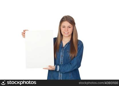 Beautiful young girl holding a blank poster for advertising isolated on white background