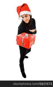 beautiful young girl holding a christmas gift, isolated