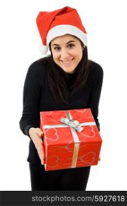 beautiful young girl holding a christmas gift, isolated