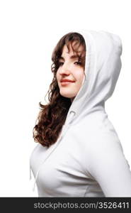 Beautiful young girl in a white woman&rsquo;s jacket and jeans on the white background