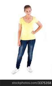 Beautiful young girl in stylish jeans isolated on white background.