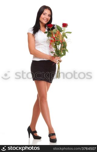 Beautiful young girl posing with a red rose woman isolated on white background