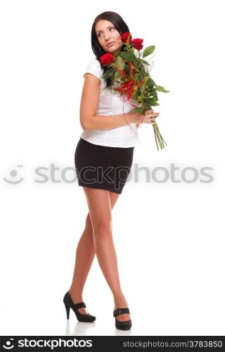 Beautiful young girl posing with a red rose woman isolated on white background