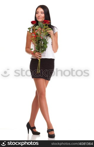 Beautiful young girl posing with a red rose woman isolated on white background