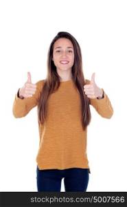Beautiful young girl showing ok sign with his thumbs isolated on a white background