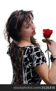 Beautiful young girl with a red rose, curly hairs