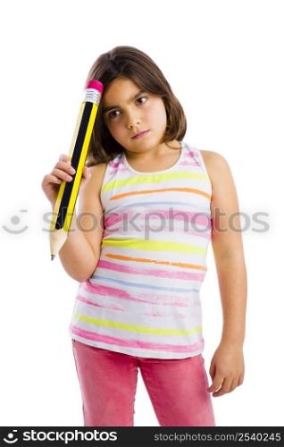 Beautiful young girl with a thinking expression while holding a big pencil
