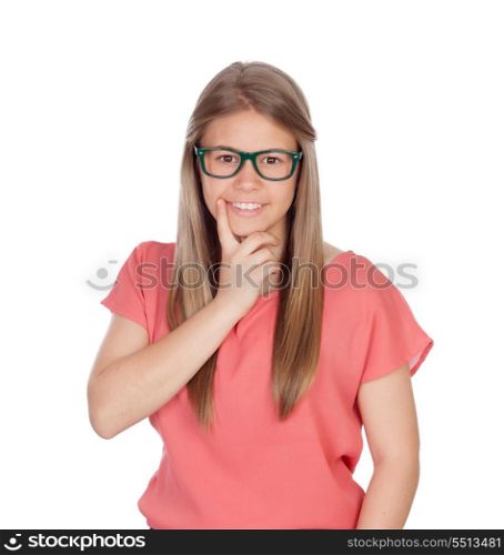 Beautiful young girl with glasses thinking isolated on white background
