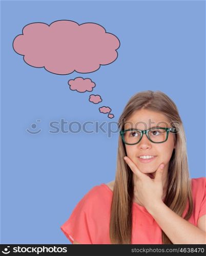 Beautiful young girl with glasses thinking on blue background