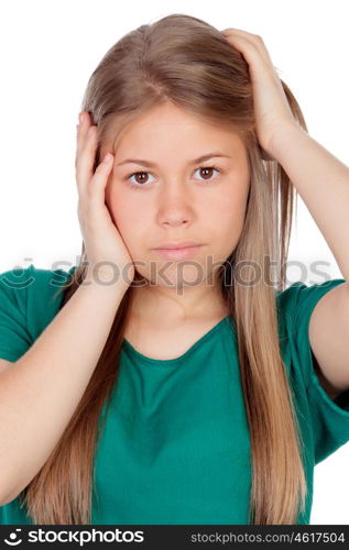 Beautiful young girl with green t-shirt isolated on white background