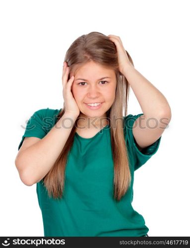 Beautiful young girl with green t-shirt isolated on white background