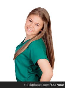 Beautiful young girl with green t-shirt isolated on white background