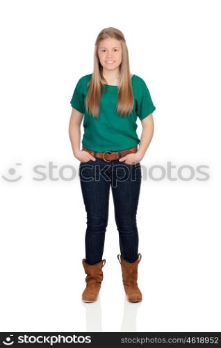 Beautiful young girl with green t-shirt isolated on white background